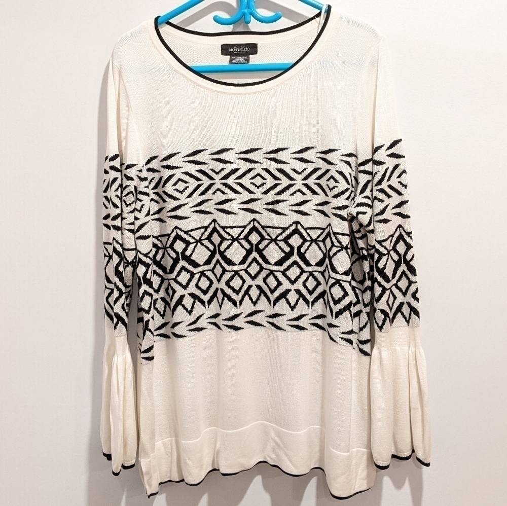 Michel Studio White Sweater sz 2X Black Geometric Print